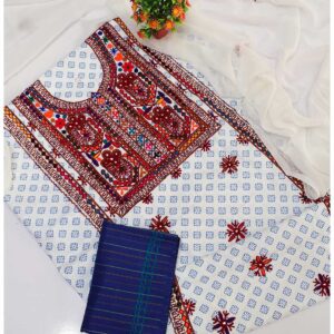 3 PCs Printed Sindhi Embroidery Suit with Chiffon Dupatta-LMS891
